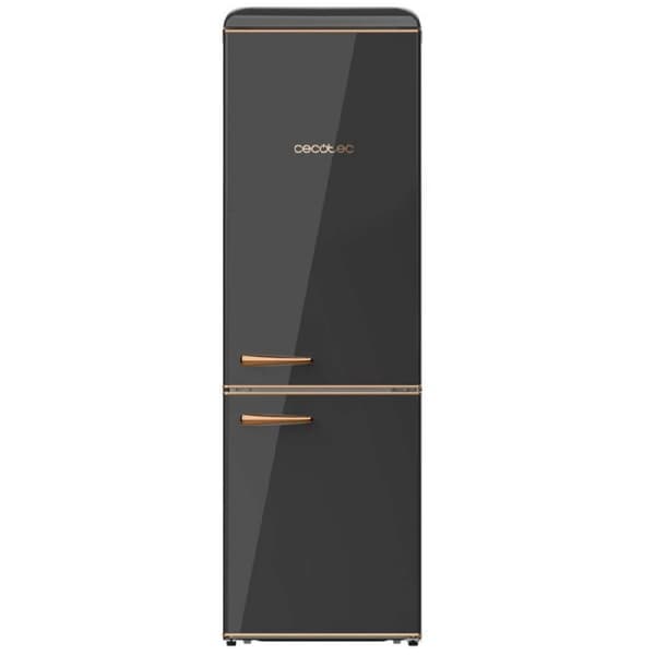 Cecotec Origin Black Retro Combi refrigerator, class E, with 300L capacity, LED inside and glass trays.
