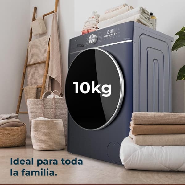 Cecotec 10-kg front-loading washing machine, 1400 rpm. 16 programmes, Inverter Plus motor, SteamMax, automatic load and XXL touch display. Class A.
