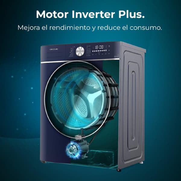 Cecotec 10-kg front-loading washing machine, 1400 rpm. 16 programmes, Inverter Plus motor, SteamMax, automatic load and XXL touch display. Class A.