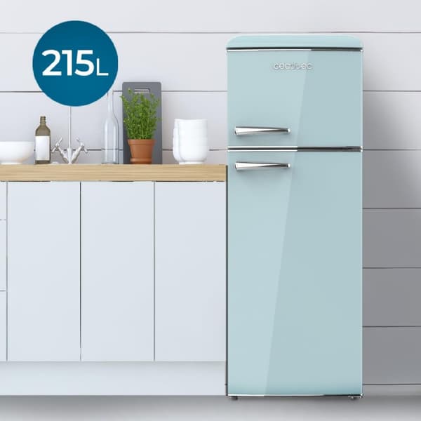 Cecotec 2D Origin Blue mini retro refrigerator, class E, with 85L capacity, ICEBOX and LED inside.