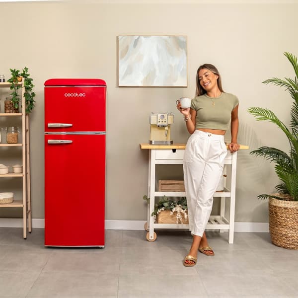 Cecotec 2D Origin Red mini retro refrigerator, class E, with 85L capacity, ICEBOX and LED inside.