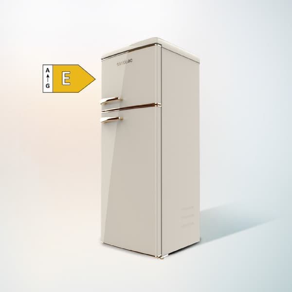 Cecotec 2D Origin Beige mini retro refrigerator, class E, with 85L capacity, ICEBOX and LED inside.