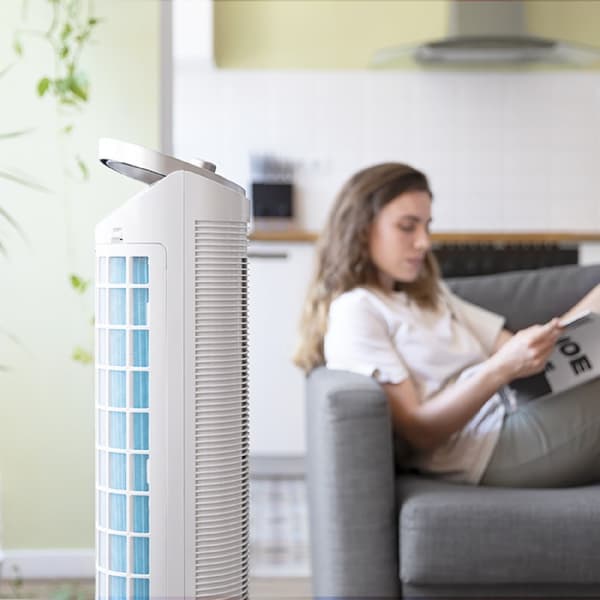 Cecotec Tower evaporative cooler, 2-litre capacity, 60 W and 3 speeds with oscillation function.