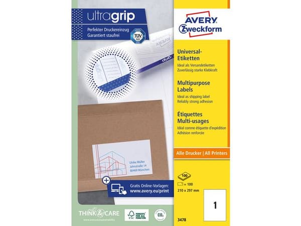 Etikett AVERY 210x297mm 100/fp