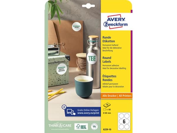 Etikett AVERY papper Ø80mm vit 60/fp
