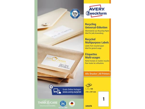 Etikett AVERY återv. 210x297mm 100/fp