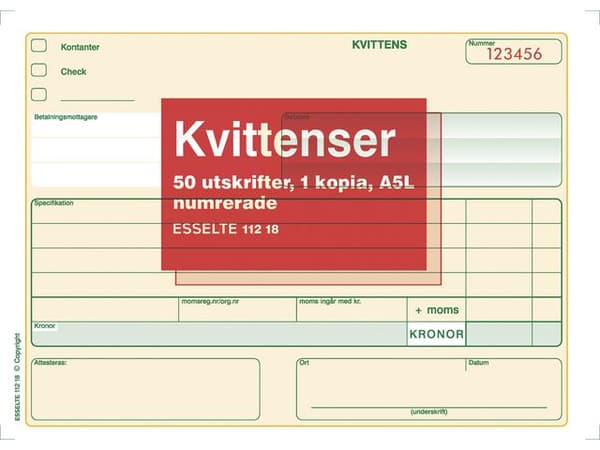 Blankett kvittens numrerad A5L 2x50 blad 5st