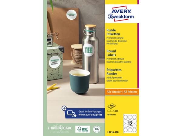 Etikett AVERY rund 60mm 1200/fp