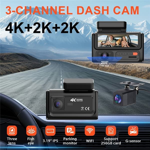 Dashcam 3 kanaler 4K+2K+2K parkeringsövervakning G-sensor Loopfunktion ACC-ström