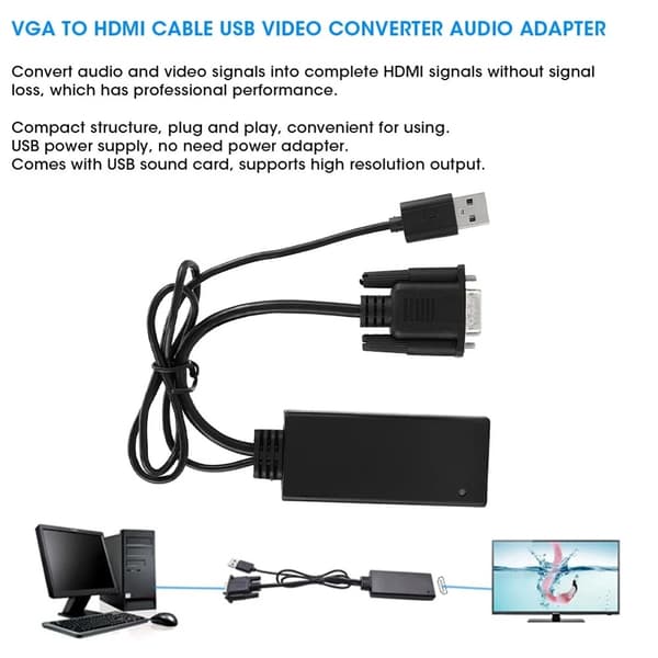 VGA + USB til HD-konverter HD-videoadapter med lyd USB-strømforsyning