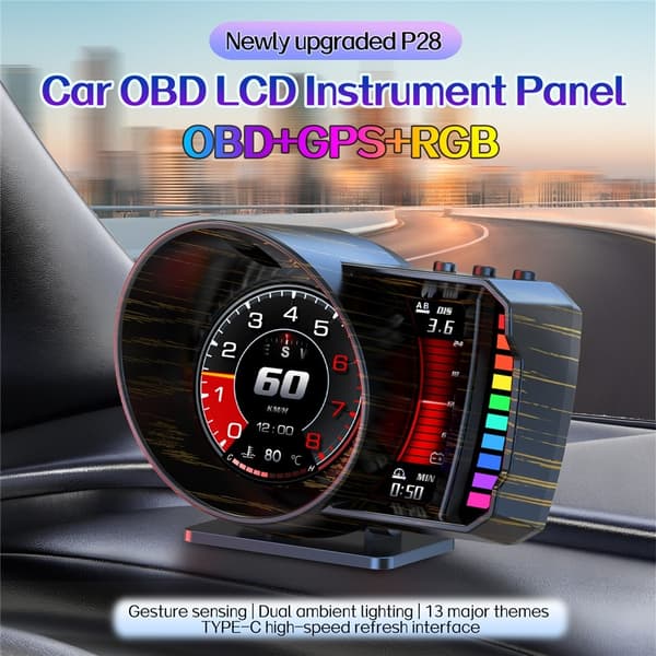 Speedometer-HUD (Head-Up Display), OBD2- og GPS-system, RGB-belysning