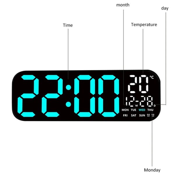 Stor LED-klocka 19,5" Väggklocka multifunktion kalender termometer fjärrkontroll