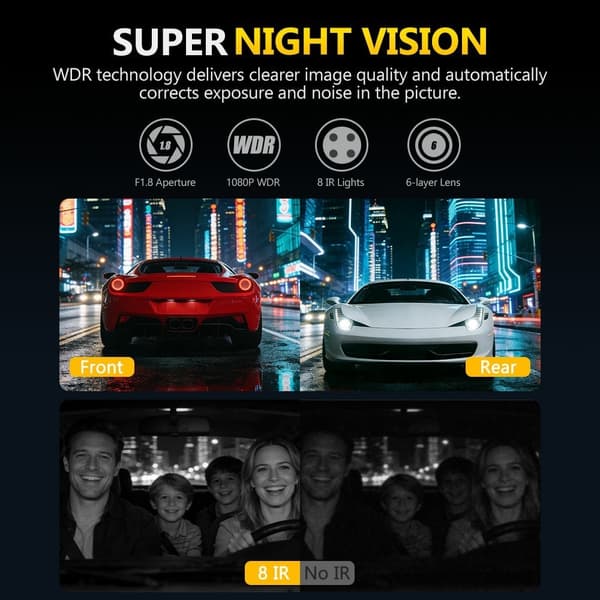 4-kanals 1080P WiFi Dash Cam G-sensor Loop-opptak Nattsyn Ryggekamera