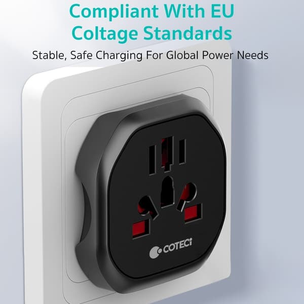 COTECI universel rejseadapter og strømomformer (US/UK/EU)
