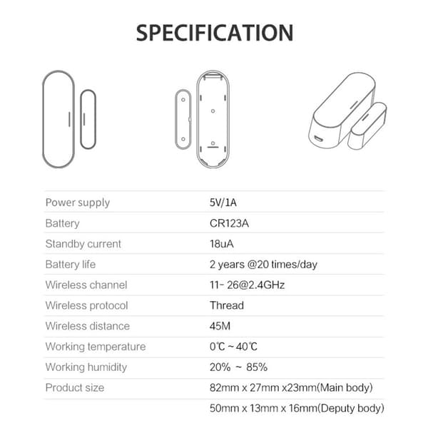 Matter Thread Dørsensor USB-drevet magnetisk smart hjemsensor Vindusalarm