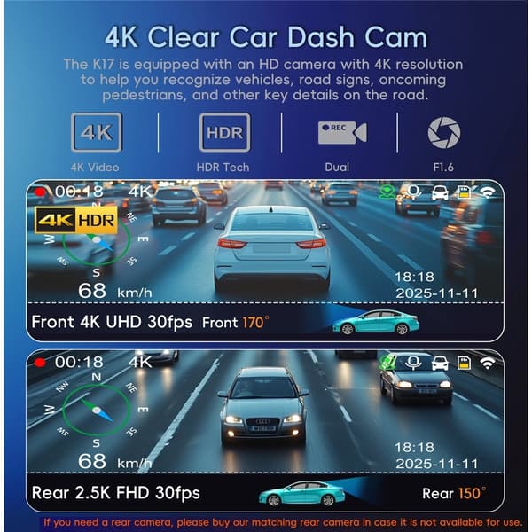 Dobbelt 4K Dash Cam-kamera HDR Nattsyn ADAS GPS Parkeringsovervåking DVR