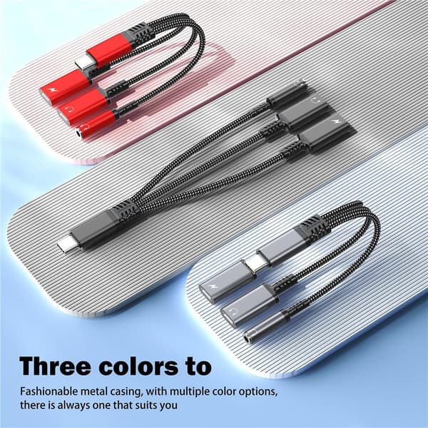 Aux-adapter 60 W USB-C til 3,5 mm + USB-C hodetelefoner + USB-C PD-lading