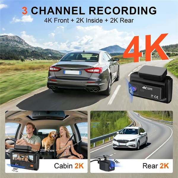 Dashcam 3 kanaler 4K+2K+2K parkeringsövervakning G-sensor Loopfunktion ACC-ström
