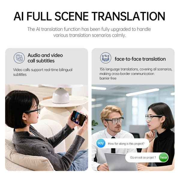 Smarte briller AI Bluetooth 6.0 156 sprog Realtidsoversættelse Oversætter