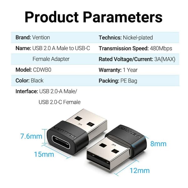 USB 2.0 A Han til USB C Hun Adapter 480Mbps Dataoverførsel OTG Konverter