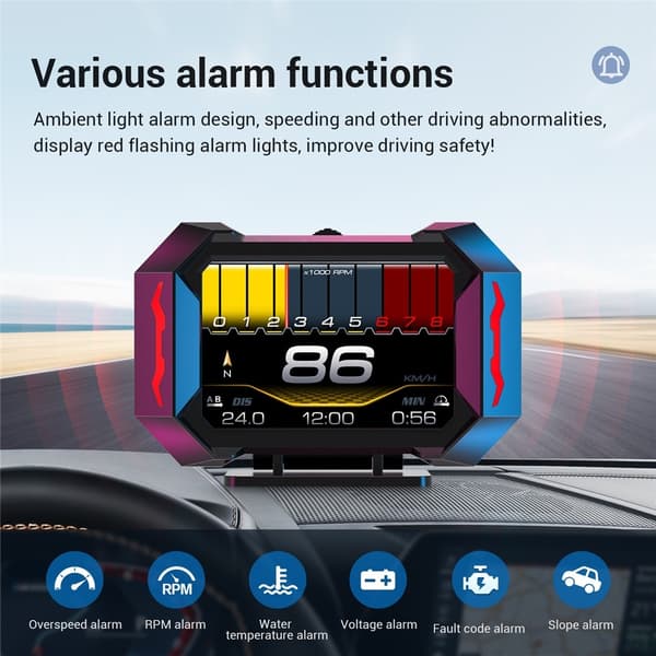 Speedometer-HUD (OBD/LCD), vanntemperatur, drivstofforbruk, helningsmåler