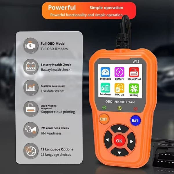 OBD2/EOBD+CAN-fejlkodelæser – Diagnose og batteritest – Over 35.000 fejlkoder (DTC)