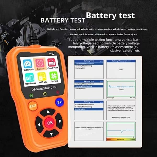 OBD2/EOBD+CAN-feilkodeleser – Diagnose og batteritest – Over 35 000 feilkoder (DTC)