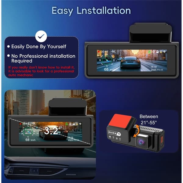 Dobbelt 4K Dash Cam-kamera HDR Nattsyn ADAS GPS Parkeringsovervåking DVR