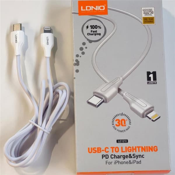 LDNIO 2 m USB-C- til iPhone 5–14-kabel – 30 W PD/QC-kabel for hurtiglading og dataoverføring