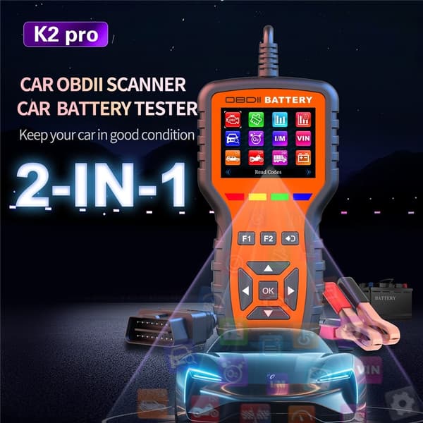 2-i-1-fejlkodelæser: OBD2-scanner og batteritester – 40.000 fejlkoder – Motordiagnostik