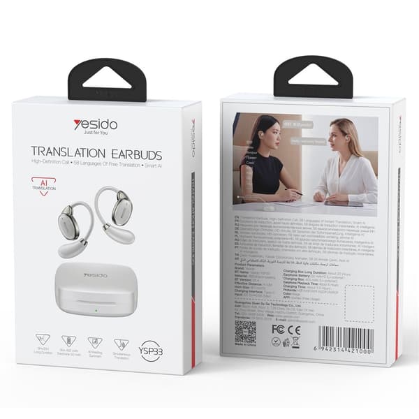 YESIDO Oversettelsesheadset – Bluetooth AI-oversettelse (Open-Ear) – Hvitt