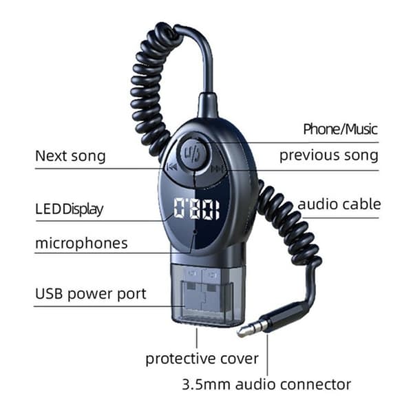 W8 Bilstereoadapter Bluetooth-kompatibel modtager FM-sender med teleskopkabel
