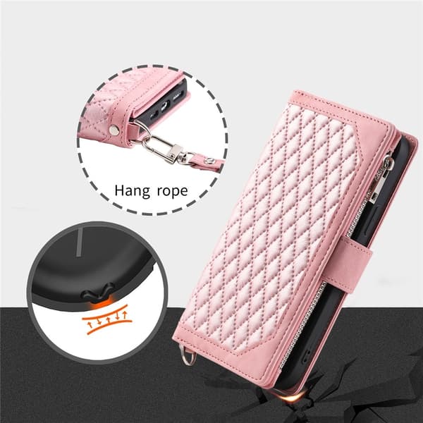 För Google Pixel 10a Plånboksfodral PU-läder Diamantmönster med Handledsrem - Rosa