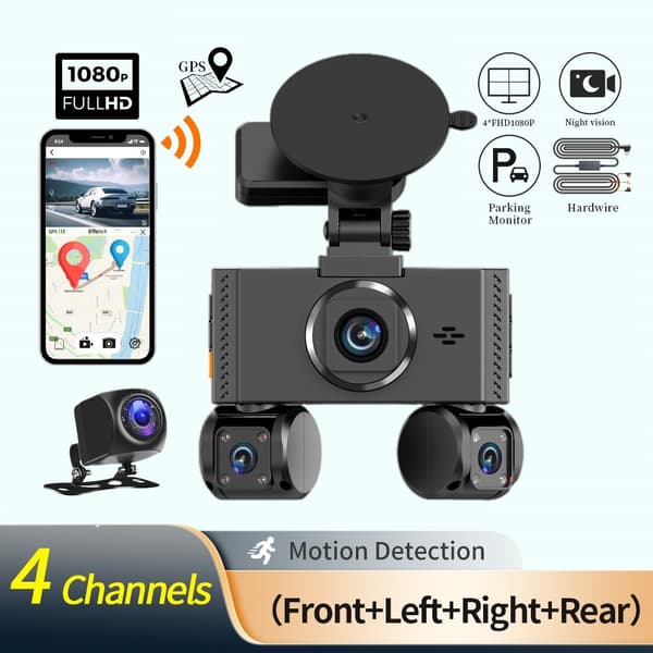 Bilkamera WiFi 4-kanals 2K nattsyn Firelinse bil-DVR GPS-modul Step-down-kabel