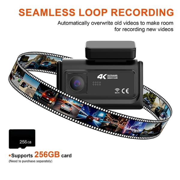 Dashcam 3 kanaler 4K+2K+2K parkeringsövervakning G-sensor Loopfunktion ACC-ström