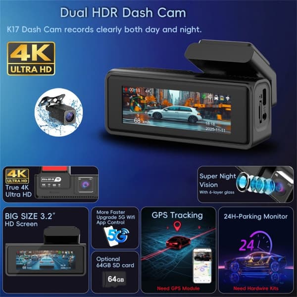 Dobbelt 4K Dash Cam-kamera HDR Nattsyn ADAS GPS Parkeringsovervåking DVR