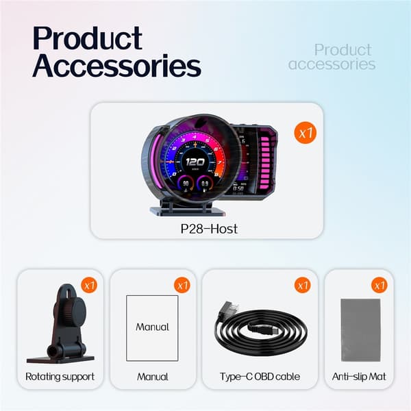 Speedometer-HUD (Head-Up Display), OBD2- og GPS-system, RGB-belysning