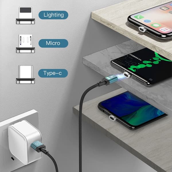 KUULAA 2m 3A magnetisk kabel USB-C / iP (5-14) / Micro USB 3-i-1 lading + data