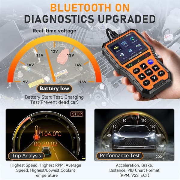 OBD2-diagnoseskanner for bil med Bluetooth, sanntidsdata og batteritester
