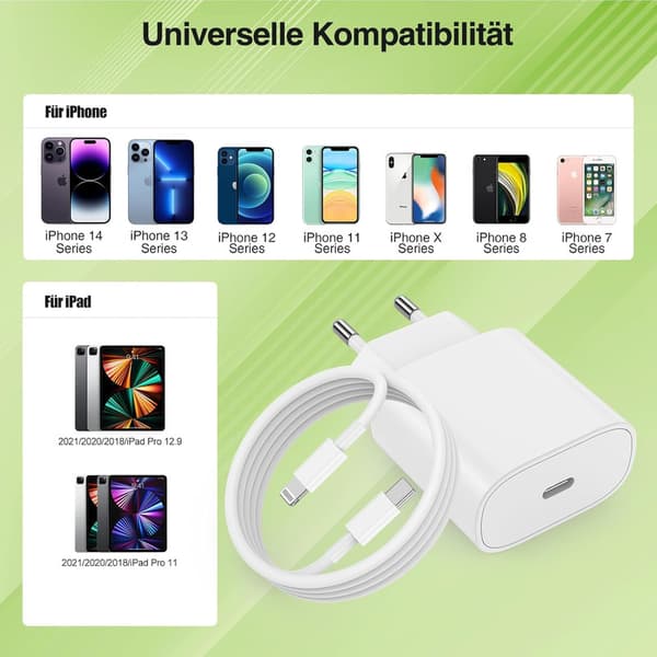 Oplader til iPhone-adapter + kabel 20W USB-C hurtigoplader til iPhone 14 13 12 11 SE Pro/Pro Max/Plus,