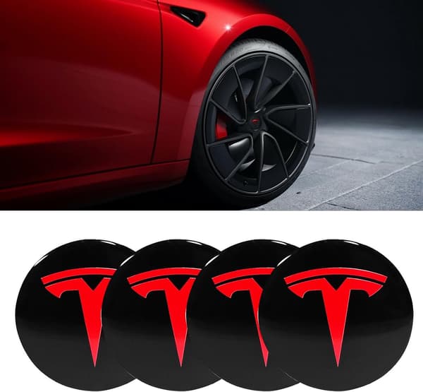 Tesla Centrumdæksler / Hjulnav Bil Emblem - 4-Pack - Sort/rød