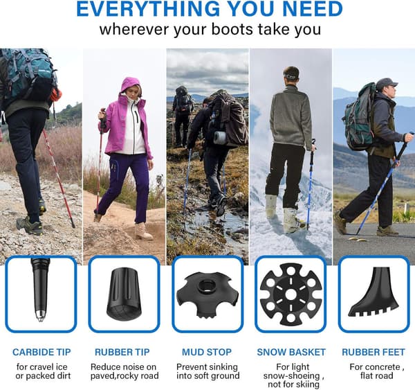 Foldbare vandrestave – Justerbar længde - Stok / Trekkingstang med gummispids, unisex.
