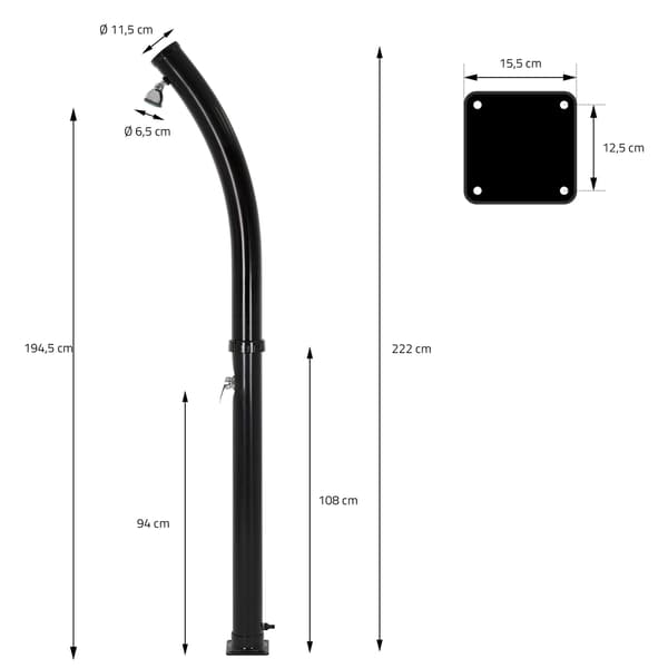 Solbruser med bundplade 20L 222 cm Sort buet PVC forkromet ML-Design