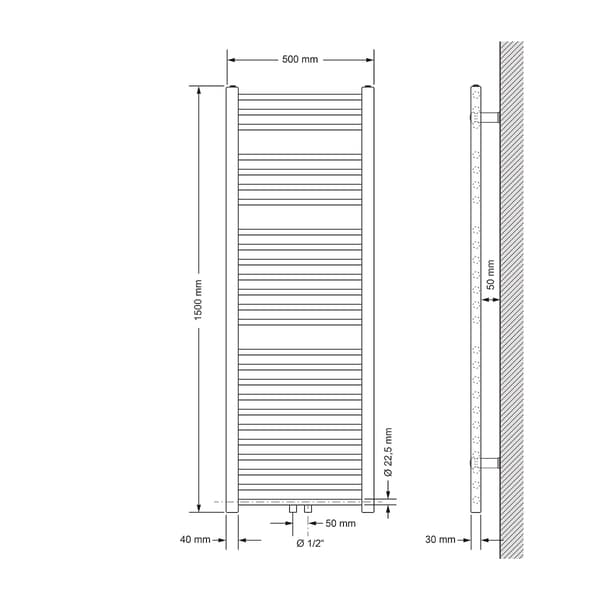 Køler Håndklæde ECD Germany Model Sahara 500 x 1500 mm hvid lige med medium forbindelse håndklædeholder