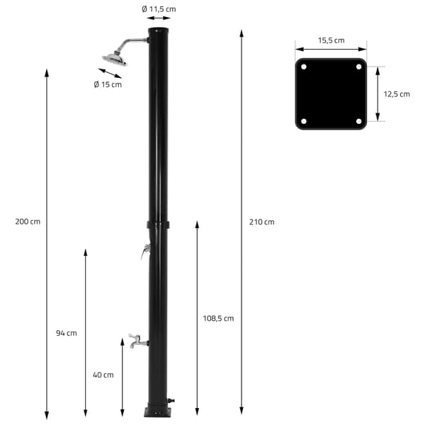 Solcellsdusch med bottenplatta 20L 210 cm Svart PVC förkromad ML-Design