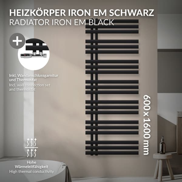 Design badeværelsesradiator Iron EM 600x1600 mm sort mat Luxe Bath