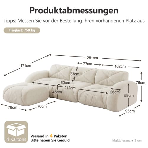L‑formad modulär 3‑sits soffa med fotstöd, halksäker undersida, ingen montering, vit för vardagsrum