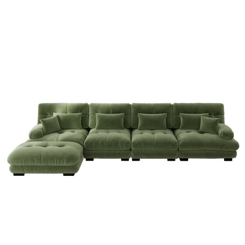 Modulär hörnsoffa, L-format sofaset för vardagsrum, 4-sits bekväm molnsoffa med flyttbar pall, DIY-kombination, chenille, grön