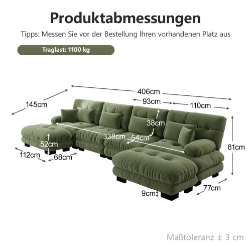 Modulär hörnsoffa, U-format sofaset för vardagsrum, 4-sits bekväm molnsoffa med flyttbar pall, DIY-kombination, chenille, grön