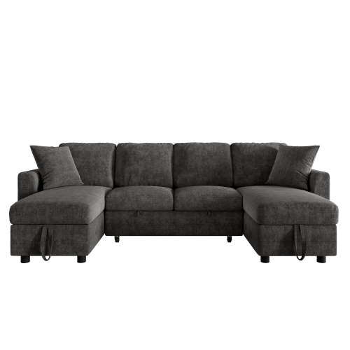 U-formad chenille-sovsoffa, 2 förvaringschaise longues, USB-C & 2 kuddar – 260x128x82 cm, grå